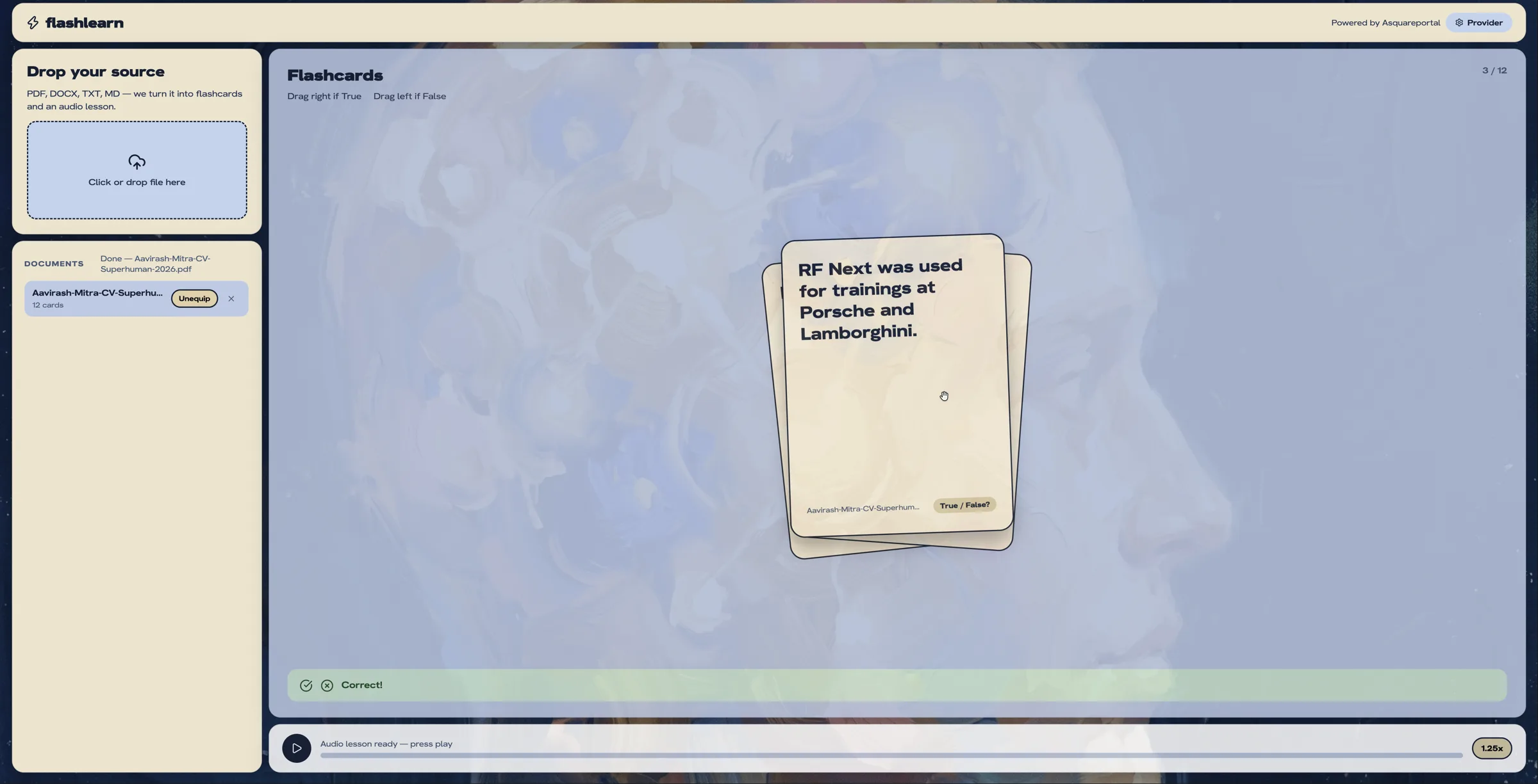FlashLearn showing the correct answer feedback