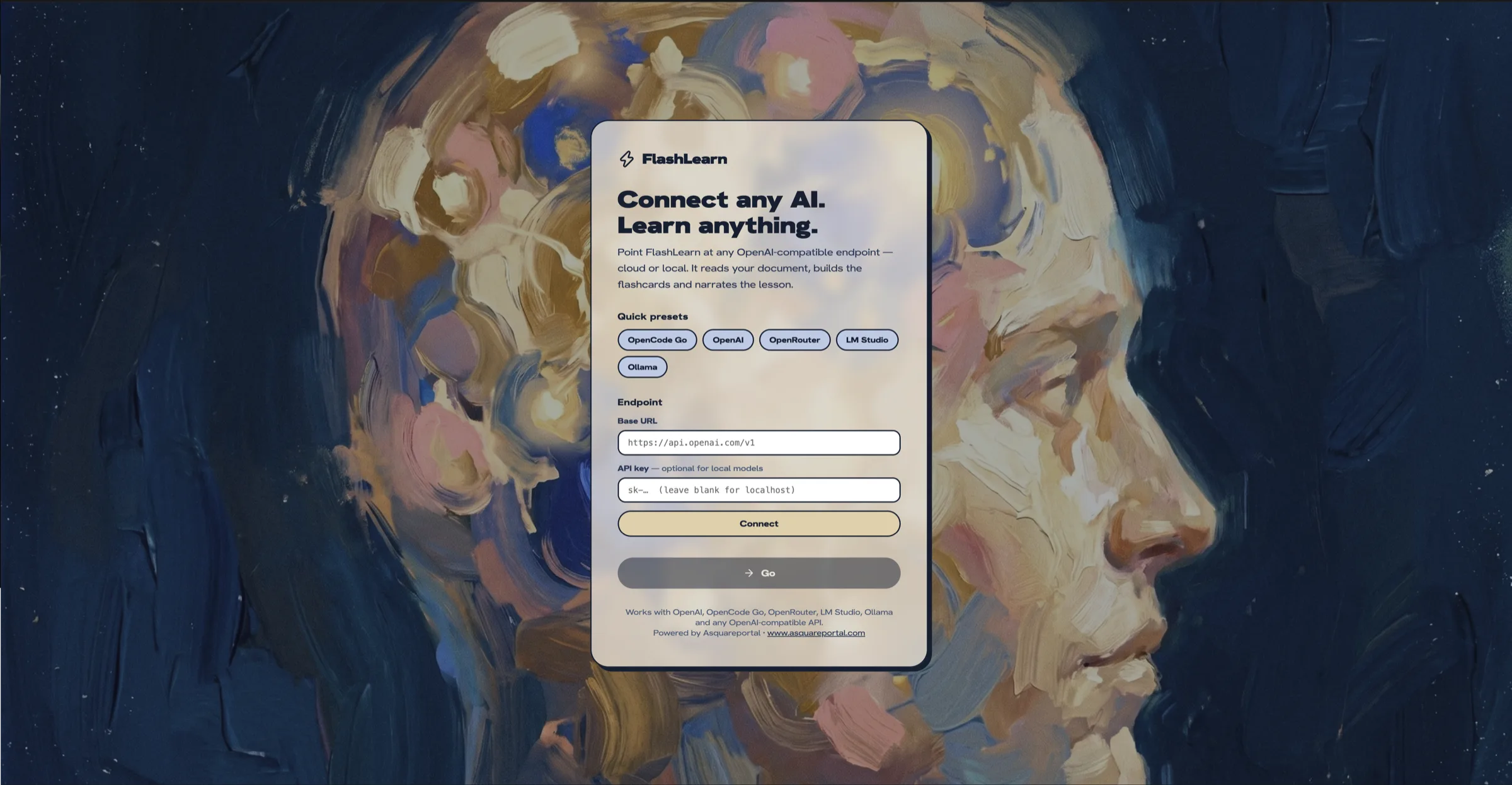 The FlashLearn setup screen for connecting an AI provider