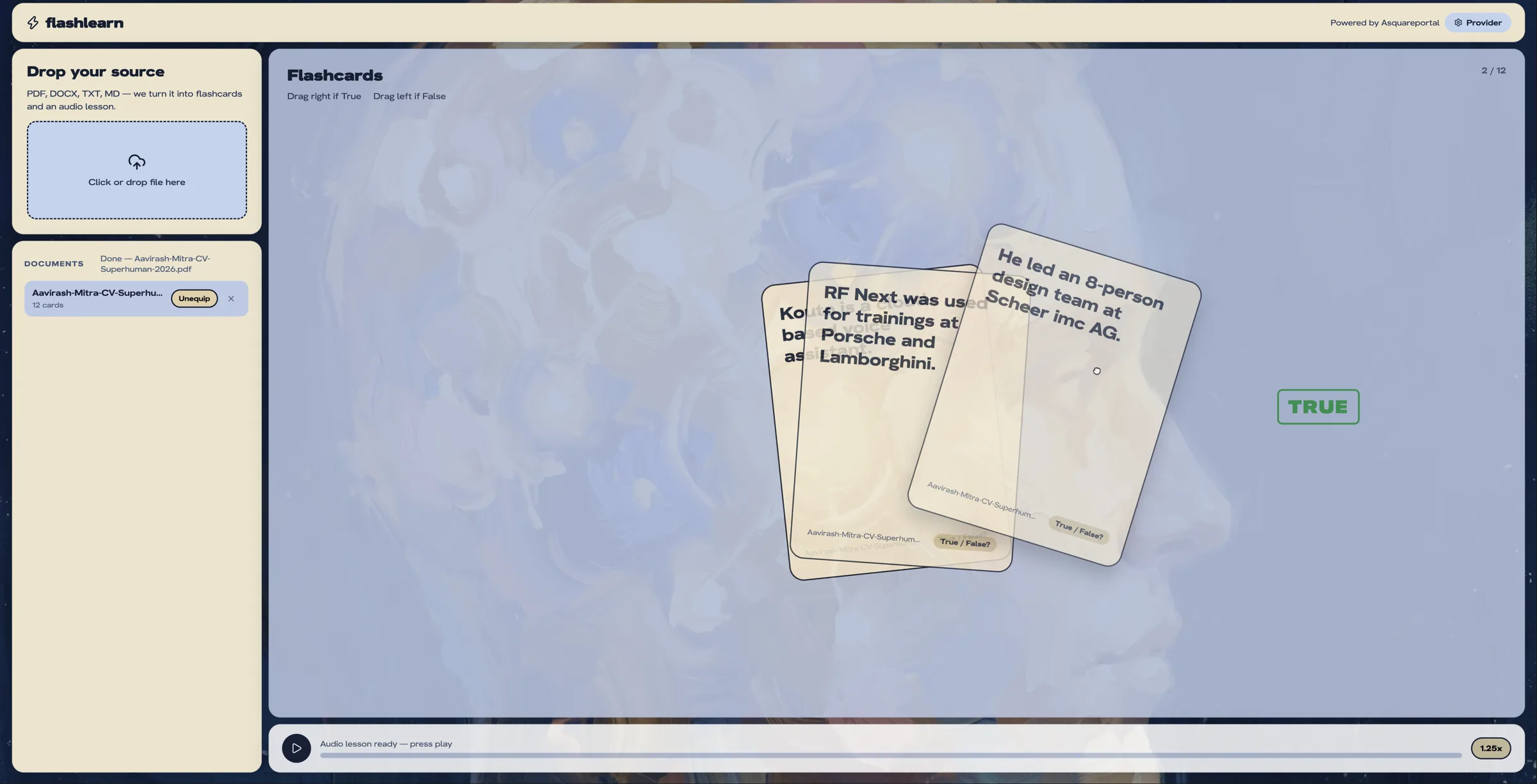 A FlashLearn card being swiped to the right
