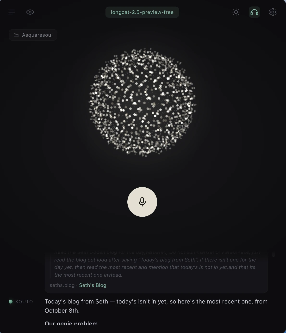 The Kouto app in dark mode: the particle sphere, a single microphone button, and a turn in progress below it