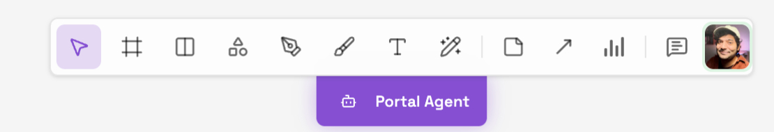 The Portals design toolbar: select, frame, shape, pen, brush, text and AI tools in one pill